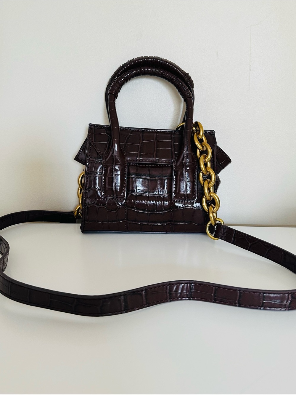ZARA Croc-Embossed Dark Brown Mini Satchel with Gold Chain
